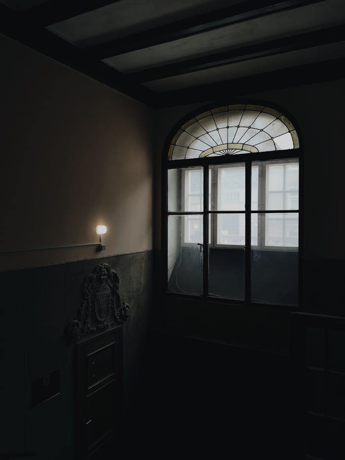Dark interior of an empty room featuring an arched window and minimalistic design elements.